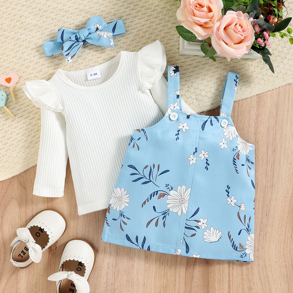 3pcs Baby Girl Solid Rib Knit Ruffle Trim Long-sleeve Top and Floral Print Overall Dress with Headband Set White big image 3