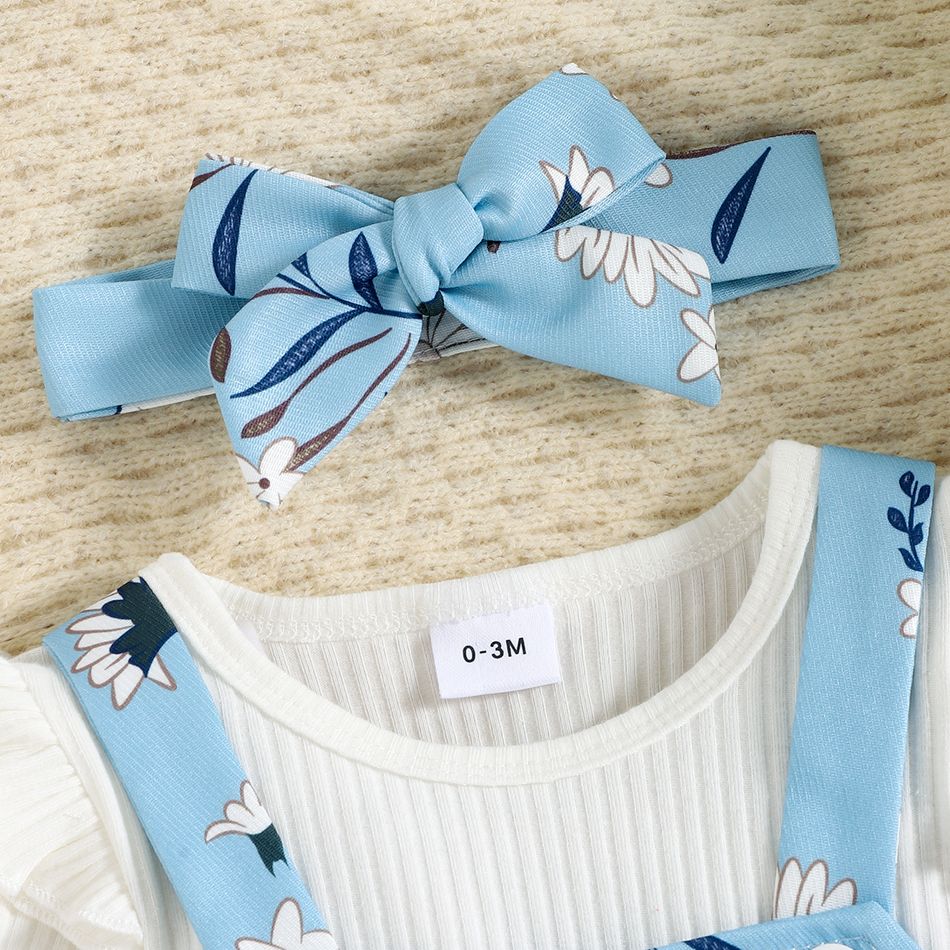 3pcs Baby Girl Solid Rib Knit Ruffle Trim Long-sleeve Top and Floral Print Overall Dress with Headband Set White big image 4