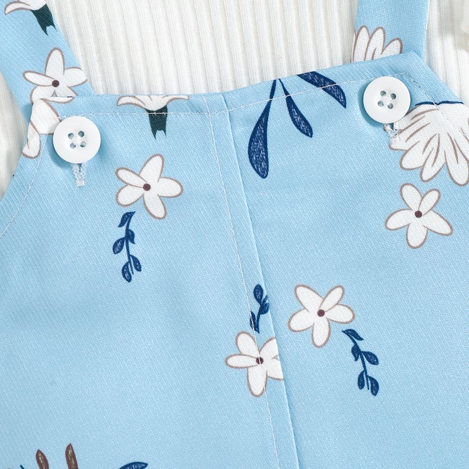 3pcs Baby Girl Solid Rib Knit Ruffle Trim Long-sleeve Top and Floral Print Overall Dress with Headband Set White big image 5