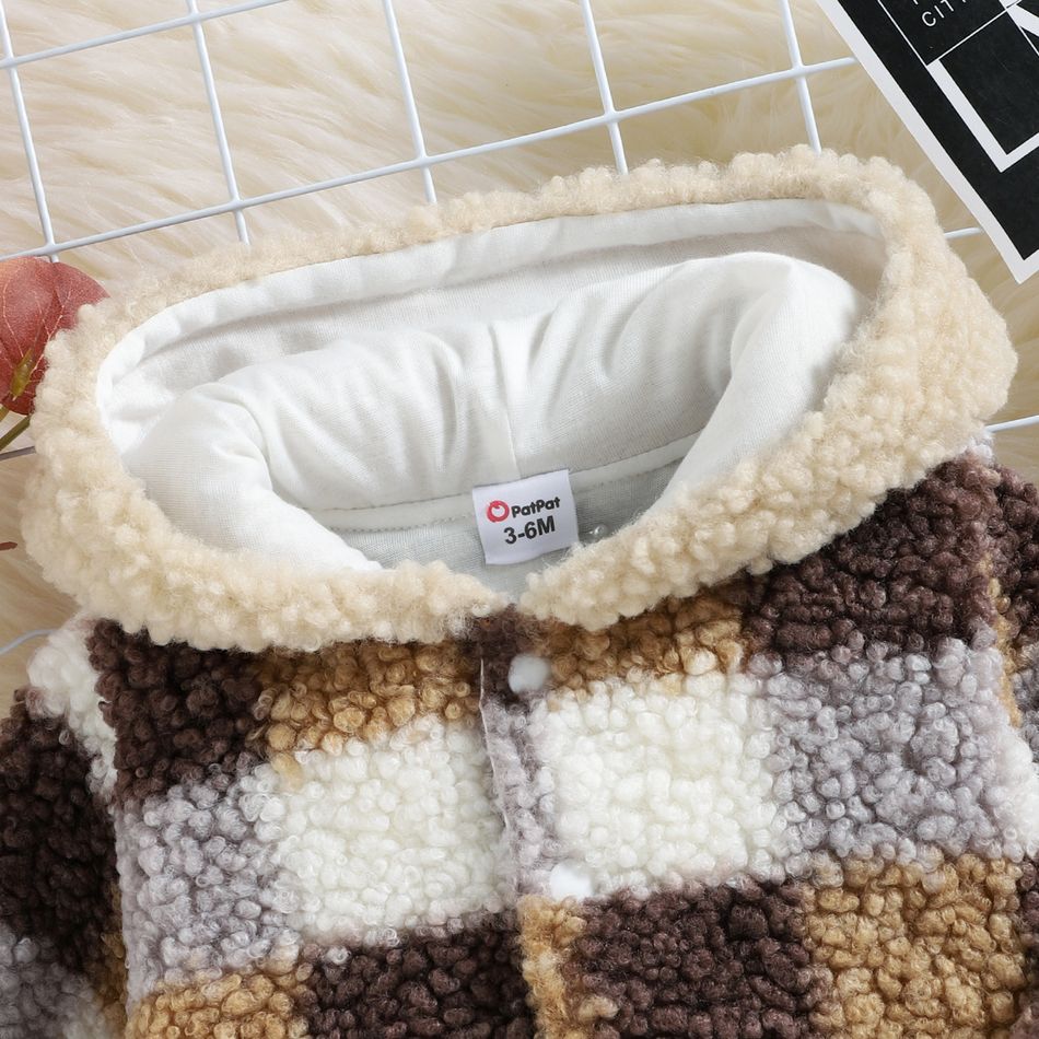 Baby Boy/Girl Plaid Pattern Thermal Fuzzy Hooded Long-sleeve Coat Brown big image 5