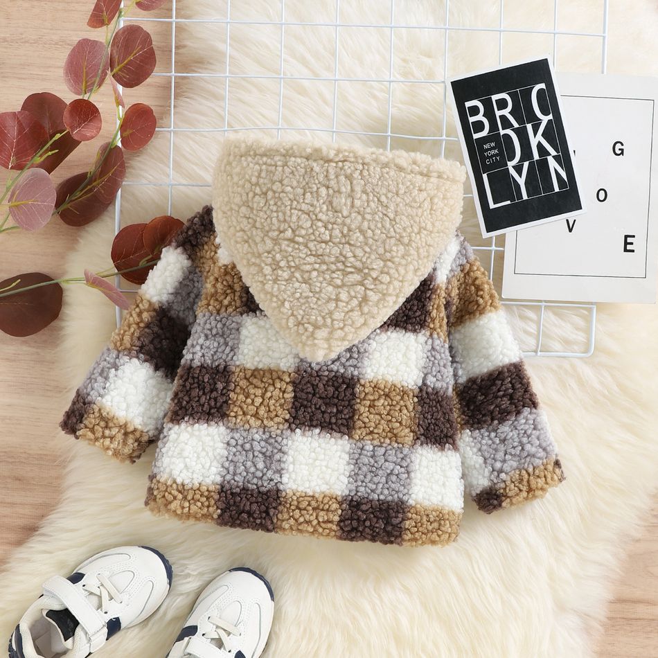 Baby Boy/Girl Plaid Pattern Thermal Fuzzy Hooded Long-sleeve Coat Brown big image 2