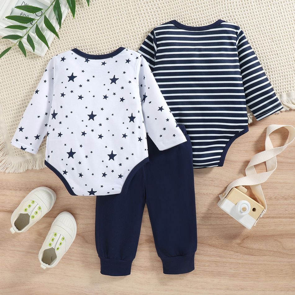 3-Pack Baby Boy Long-sleeve Allover Striped and Stars Print Rompers with Solid Pants Set Dark Blue/white big image 2