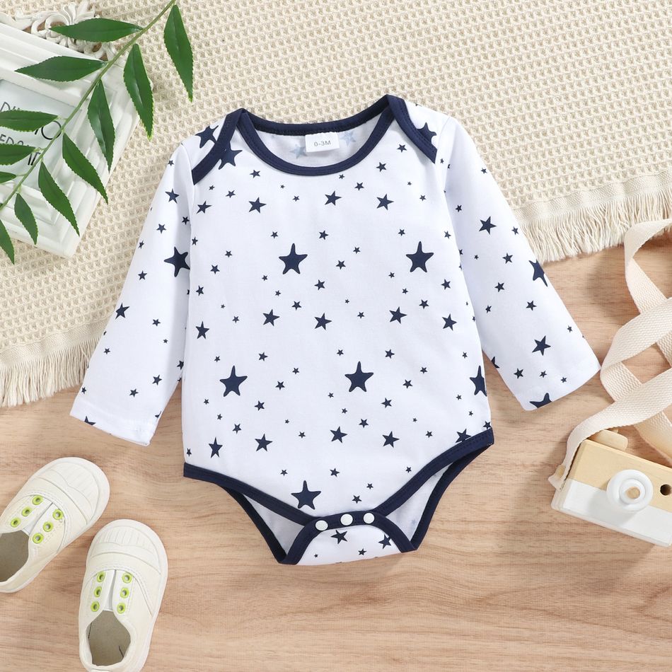 3-Pack Baby Boy Long-sleeve Allover Striped and Stars Print Rompers with Solid Pants Set Dark Blue/white big image 4