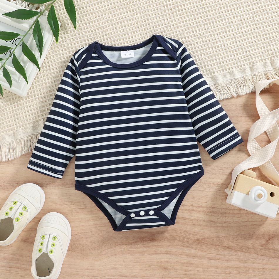 3-Pack Baby Boy Long-sleeve Allover Striped and Stars Print Rompers with Solid Pants Set Dark Blue/white big image 5