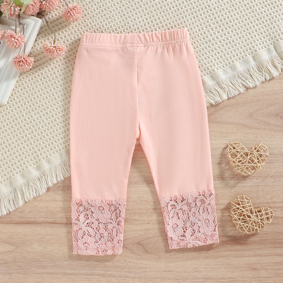Baby Girl 95% Cotton  Lace Spliced Solid High Waist Leggings Pink big image 1