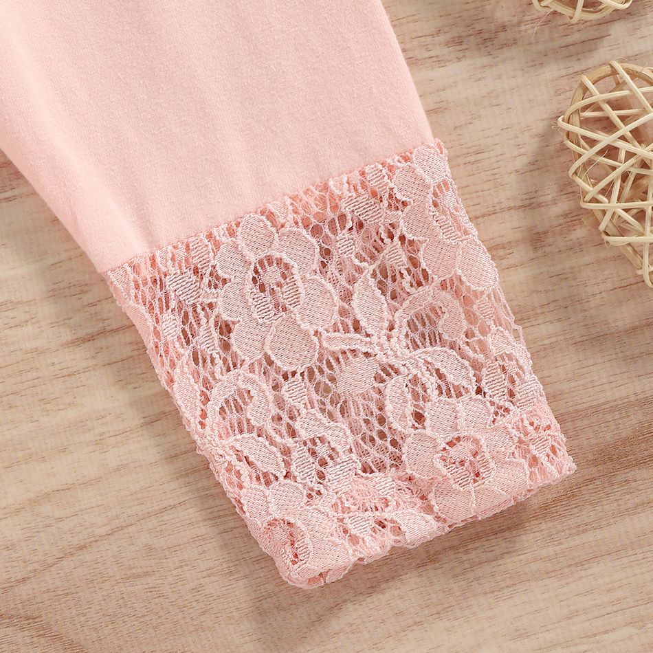 Baby Girl 95% Cotton  Lace Spliced Solid High Waist Leggings Pink big image 3