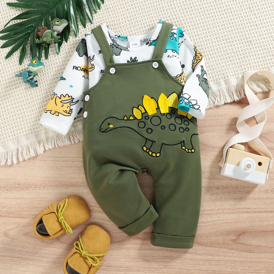2pcs Baby Boy Allover Dinosaur Print Long-sleeve Tee and Embroidered Overalls Set Green big image 1