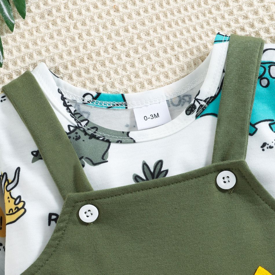 2pcs Baby Boy Allover Dinosaur Print Long-sleeve Tee and Embroidered Overalls Set Green big image 2