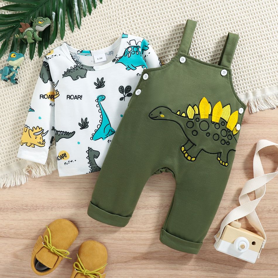 2pcs Baby Boy Allover Dinosaur Print Long-sleeve Tee and Embroidered Overalls Set Green big image 3