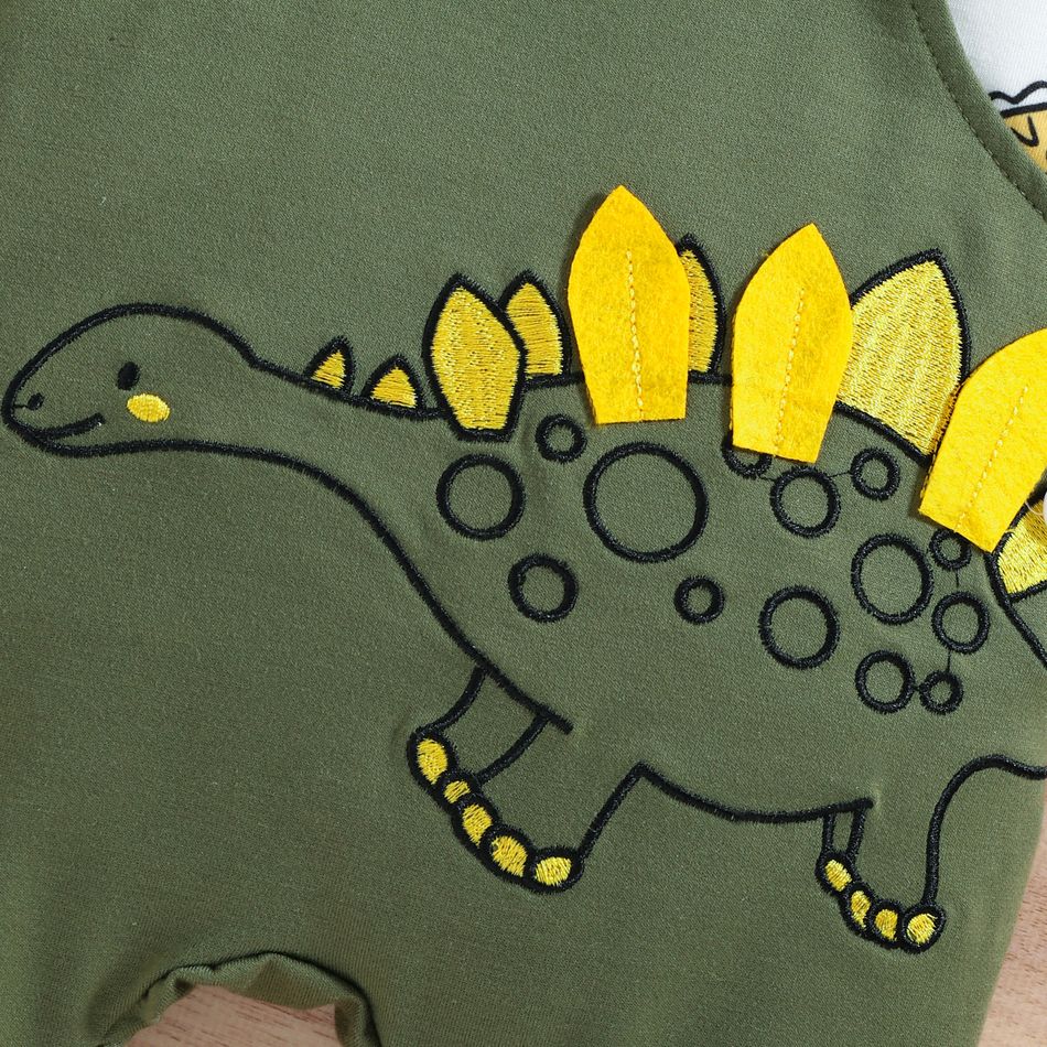 2pcs Baby Boy Allover Dinosaur Print Long-sleeve Tee and Embroidered Overalls Set Green big image 4