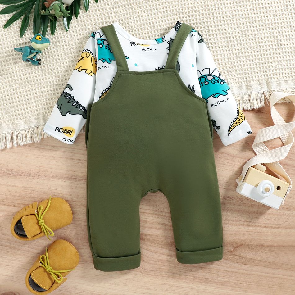 2pcs Baby Boy Allover Dinosaur Print Long-sleeve Tee and Embroidered Overalls Set Green