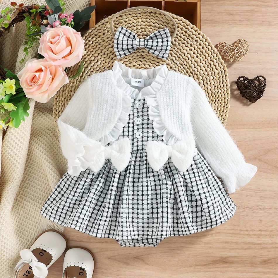 2pcs Baby Girl Fluffy Knitted Long-sleeve Ruffle Trim Bow Front Spliced Gingham Romper Dress with Headband Set White