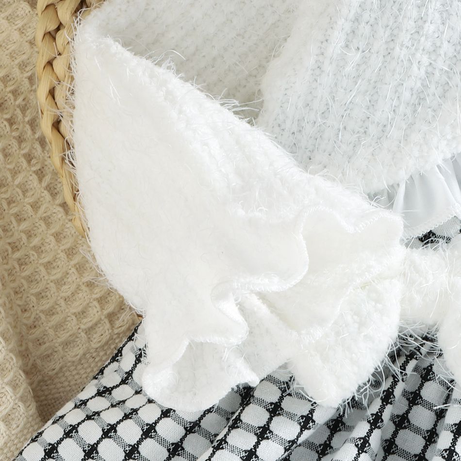 2pcs Baby Girl Fluffy Knitted Long-sleeve Ruffle Trim Bow Front Spliced Gingham Romper Dress with Headband Set White big image 6