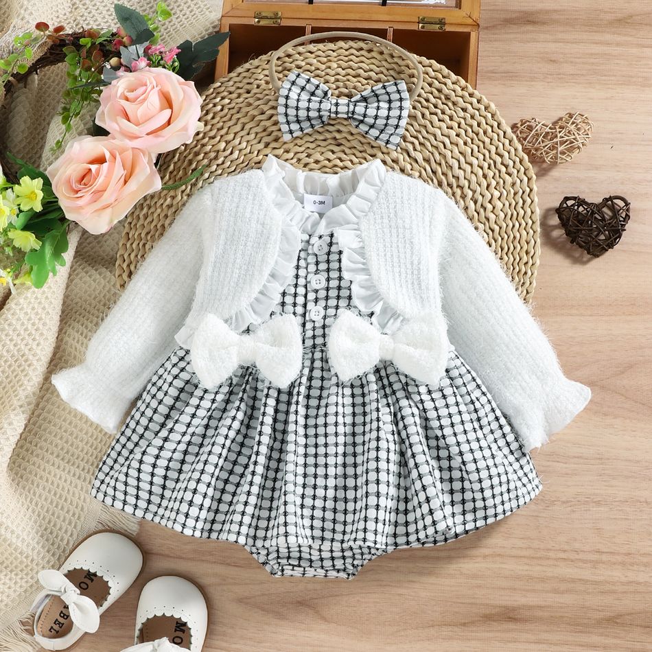 2pcs Baby Girl Fluffy Knitted Long-sleeve Ruffle Trim Bow Front Spliced Gingham Romper Dress with Headband Set White big image 3