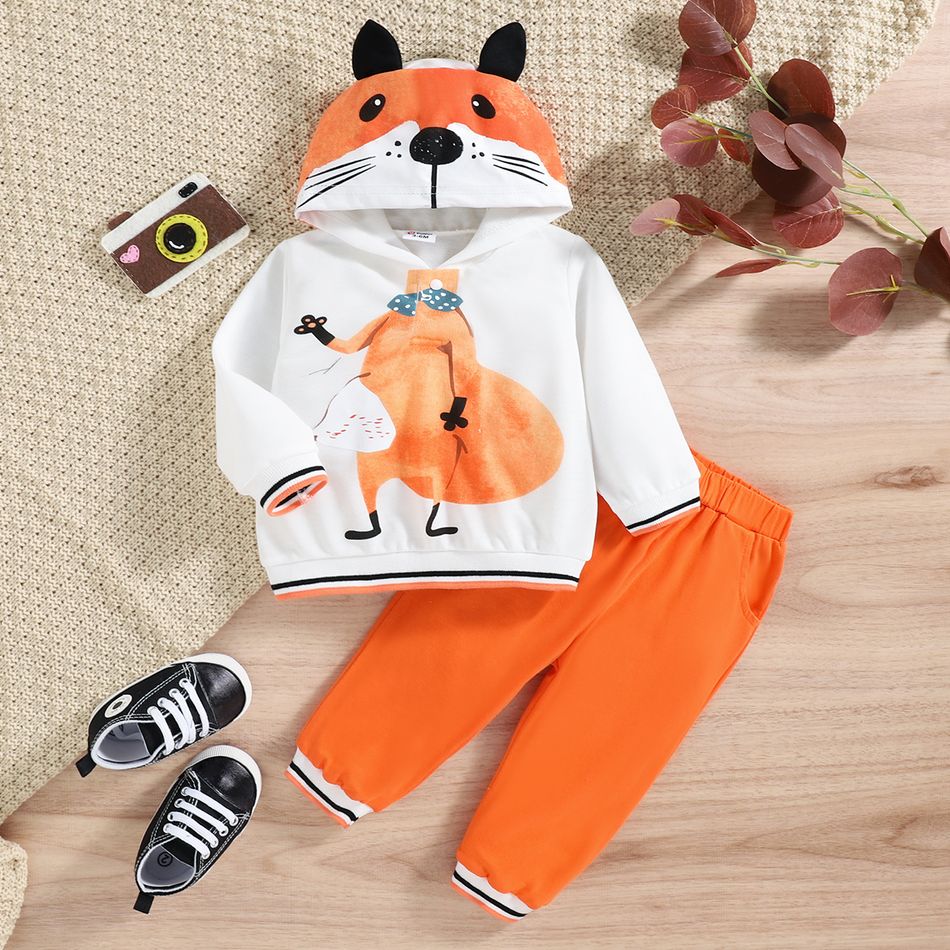 2pcs Baby Boy/Girl Animal Print Long-sleeve Hoodie and Solid Sweatpants Set Orange big image 3