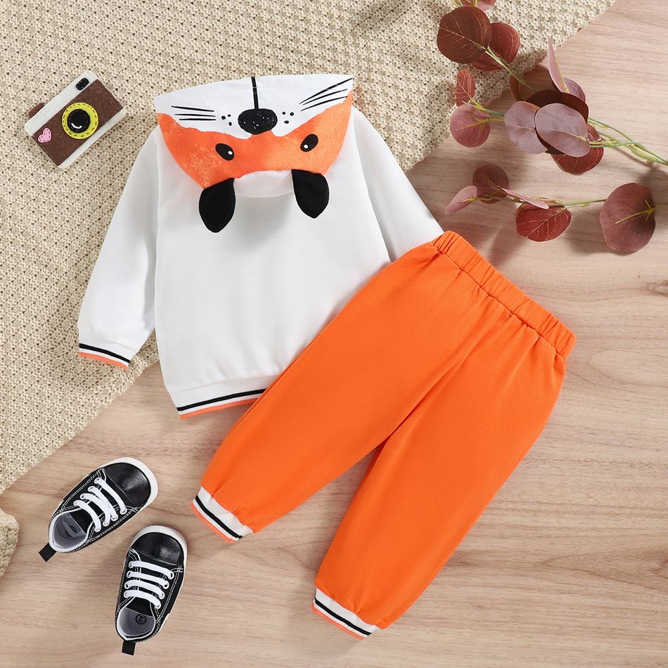 2pcs Baby Boy/Girl Animal Print Long-sleeve Hoodie and Solid Sweatpants Set Orange big image 2