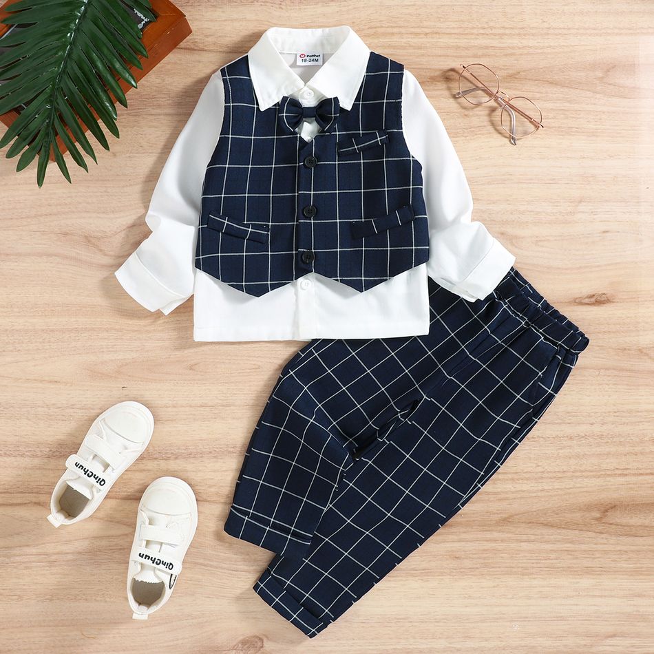 2pcs Toddler Boy Gentleman Suits, Faux-two Plaid Shirt and Pants Set Blue