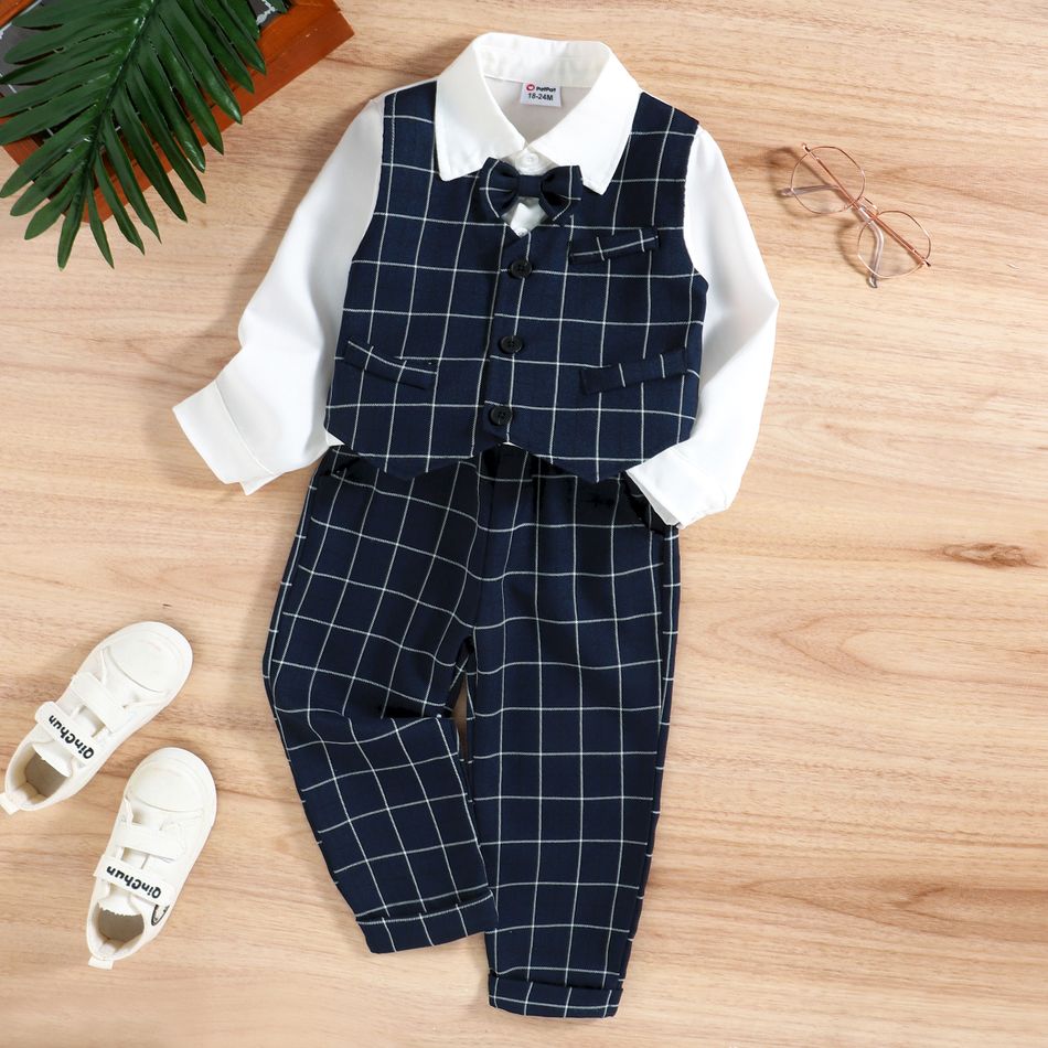 2pcs Toddler Boy Gentleman Suits, Faux-two Plaid Shirt and Pants Set Blue big image 3