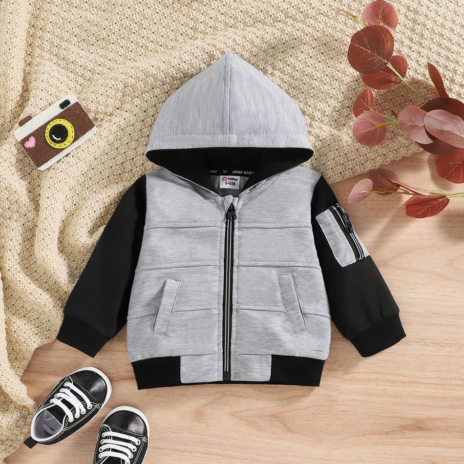 Baby Boy Colorblock Long-sleeve Zipper Hoodie Grey big image 3