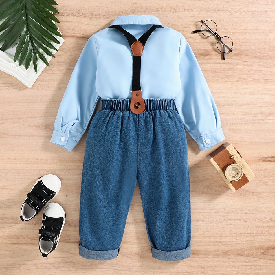2pcs Toddler Boy Gentleman Suit, Suspender Denim Jeans and Lapel Collar Shirt Set Blue big image 7