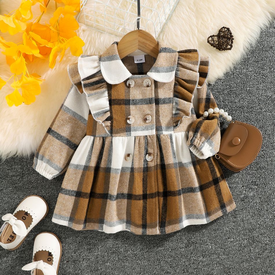 Baby Girl Double Breasted Ruffle Trim Long-sleeve Thickened Dress Coat Brown big image 1