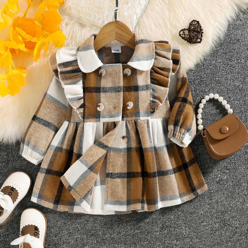 Baby Girl Double Breasted Ruffle Trim Long-sleeve Thickened Dress Coat Brown big image 2