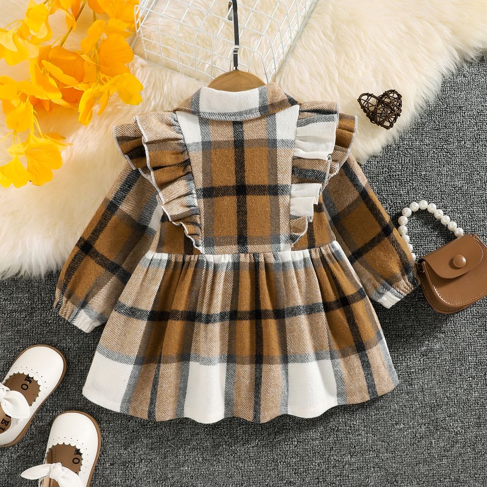 Baby Girl Double Breasted Ruffle Trim Long-sleeve Thickened Dress Coat Brown big image 6