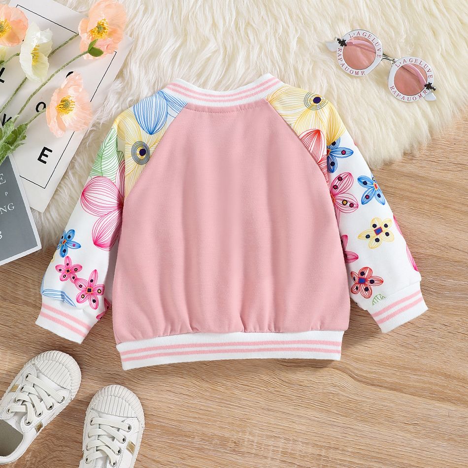 Baby Girl Floral Print Raglan-sleeve Letter Embroidered Button Front Bomber Jacket Pink big image 2