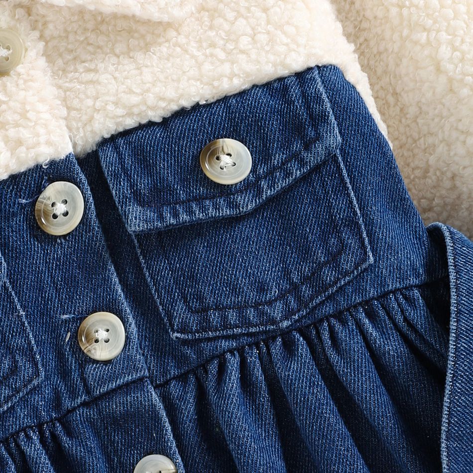 Baby Girl Sherpa Fleece Spliced Denim Belted Long-sleeve Button Front Dress Blue big image 5