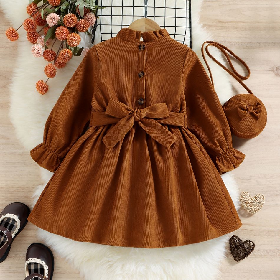 Toddler Girl Sweet Ruffle Collar Long-sleeve Corduroy Dress(Bag is inclided) Brown big image 5