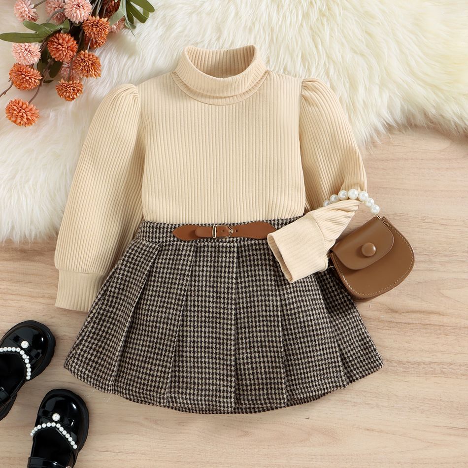2pcs Toddler Girl Pretty Mock Neck Puff-sleeve Te and Houndstooth Pleated Skirt Set Apricot big image 1