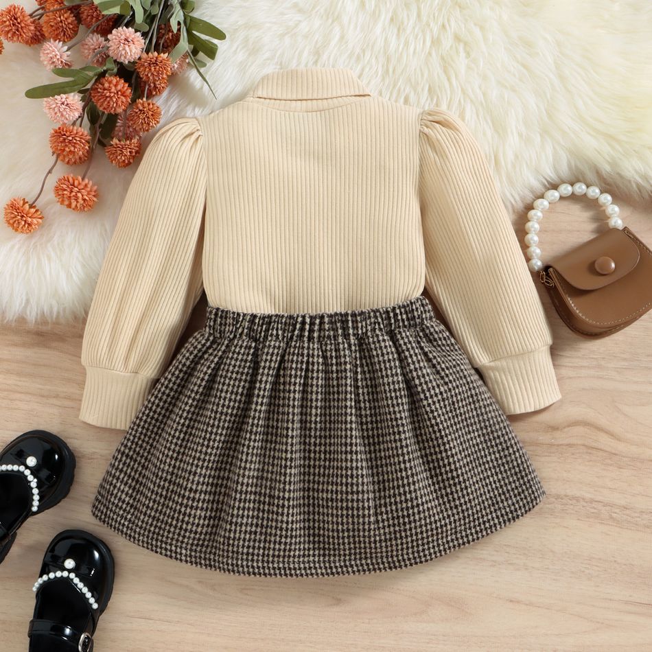 2pcs Toddler Girl Pretty Mock Neck Puff-sleeve Te and Houndstooth Pleated Skirt Set Apricot big image 2