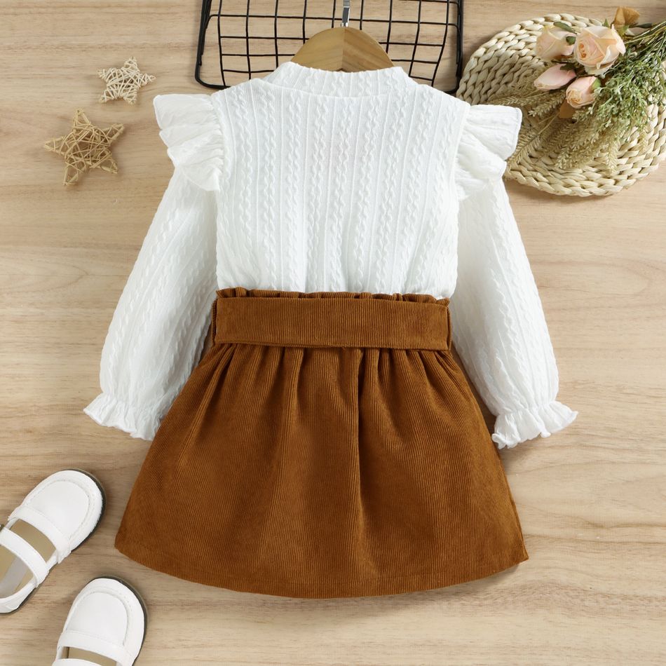 2pcs Toddler Girl Sweet Ruffled Textured Tee and Belted Skirt Set Brown&White