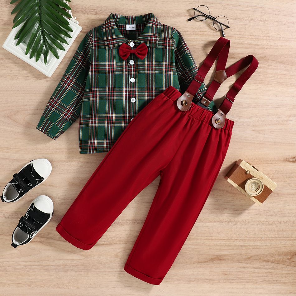 2pcs Toddler Boy Gentleman Suit, Christmas Plaid Bow tie Design Shirt and Adjustable Suspender Pants Set Green big image 2