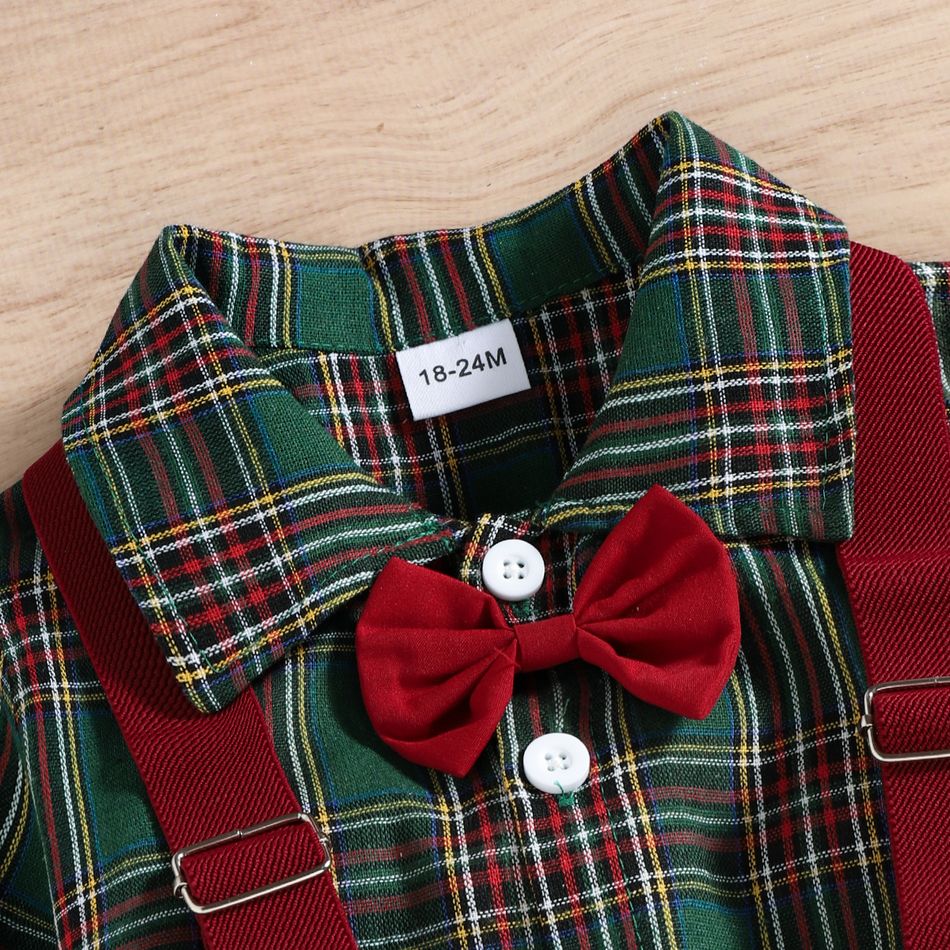 2pcs Toddler Boy Gentleman Suit, Christmas Plaid Bow tie Design Shirt and Adjustable Suspender Pants Set Green big image 4