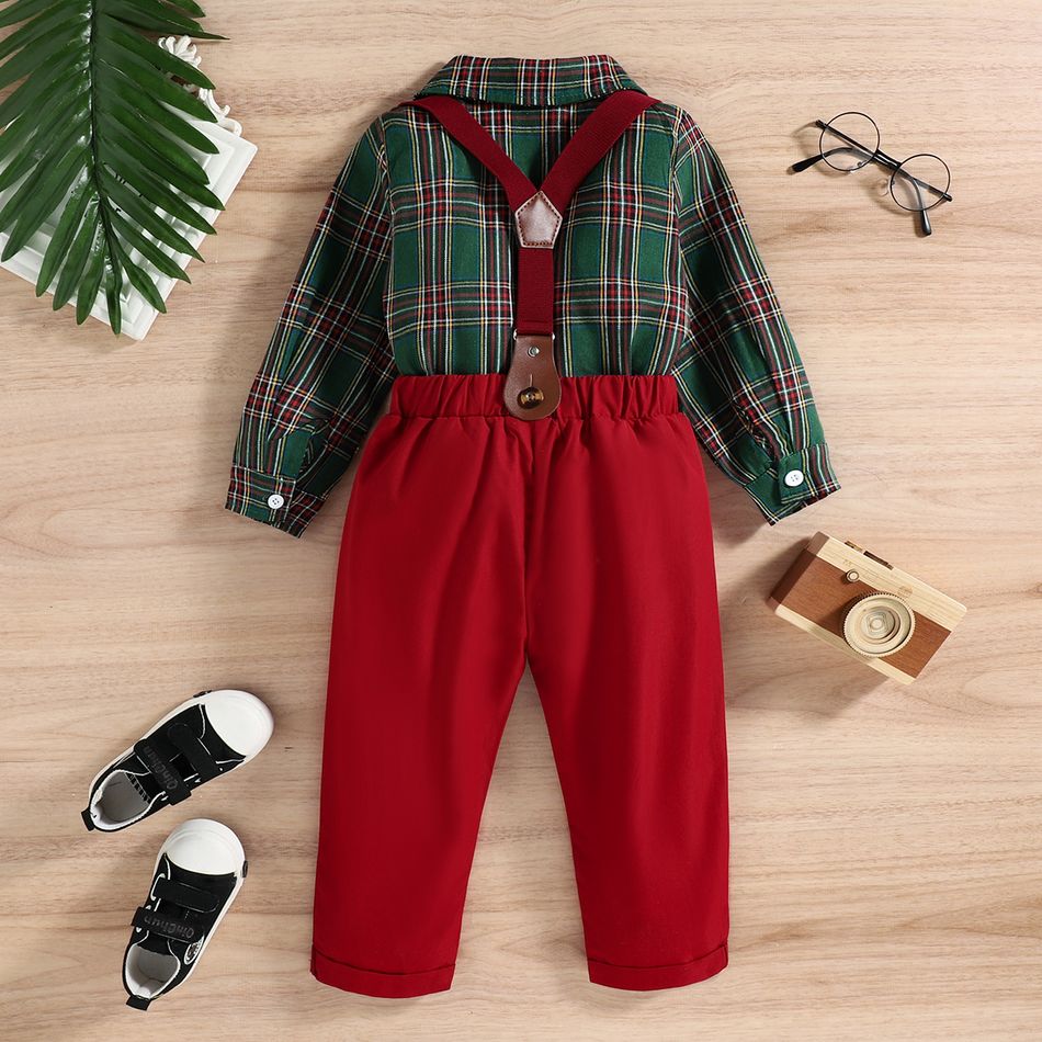 2pcs Toddler Boy Gentleman Suit, Christmas Plaid Bow tie Design Shirt and Adjustable Suspender Pants Set Green big image 3