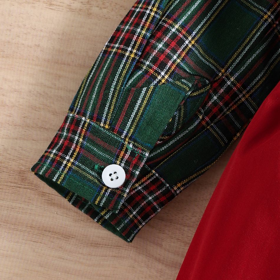 2pcs Toddler Boy Gentleman Suit, Christmas Plaid Bow tie Design Shirt and Adjustable Suspender Pants Set Green big image 6