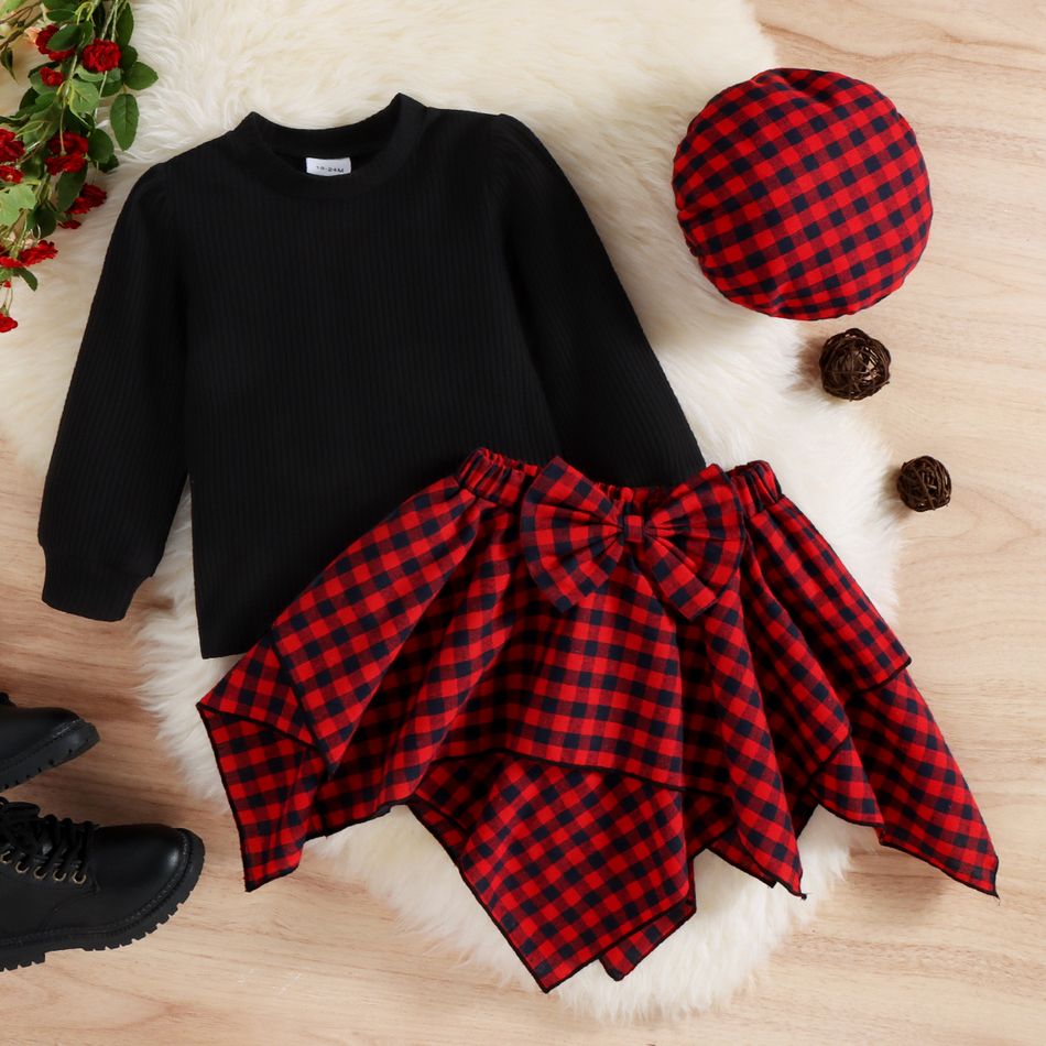 3pcs Toddler Girl Plaid Beret Cap & Black Sweatshirt and Irregular Skirt Set redblack big image 1
