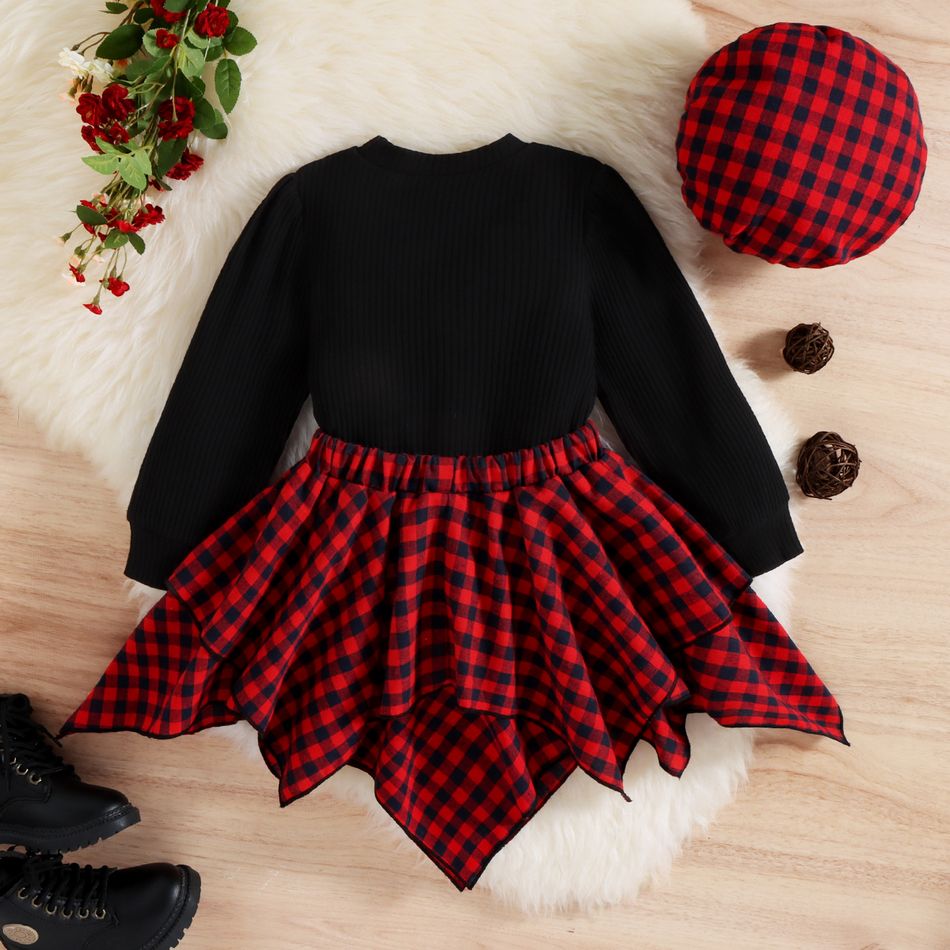 3pcs Toddler Girl Plaid Beret Cap & Black Sweatshirt and Irregular Skirt Set redblack big image 7