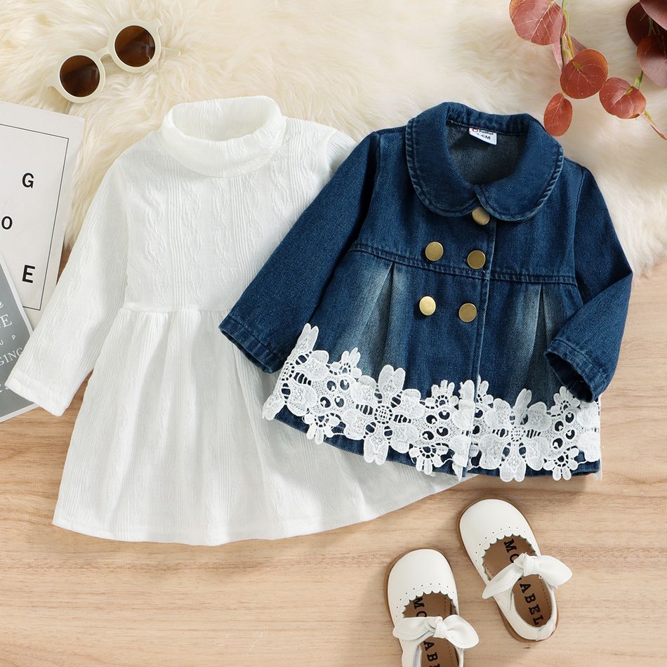 2pcs Baby Girl 100% Cotton Denim Spliced Lace Double Breasted Jacket and Textured Mock Neck Long-sleeve Dress Set White big image 1