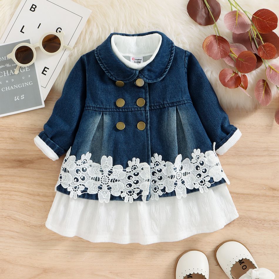 2pcs Baby Girl 100% Cotton Denim Spliced Lace Double Breasted Jacket and Textured Mock Neck Long-sleeve Dress Set White big image 2