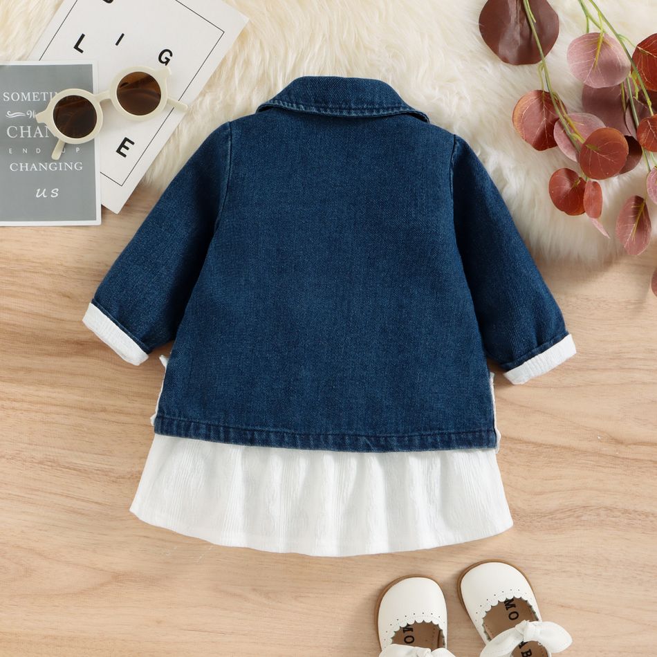 2pcs Baby Girl 100% Cotton Denim Spliced Lace Double Breasted Jacket and Textured Mock Neck Long-sleeve Dress Set White big image 3