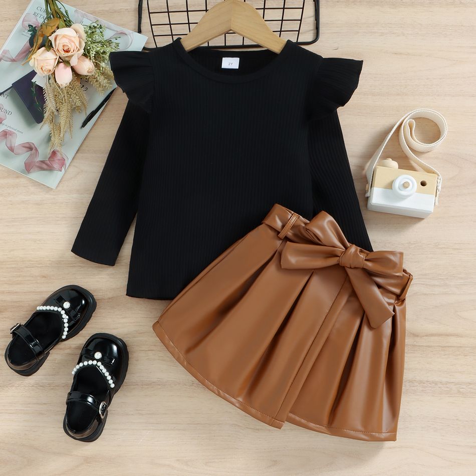 2pcs Toddler Girl Trendy Ruffled Ribed Tee and Belted PU Skirt Set Black big image 2
