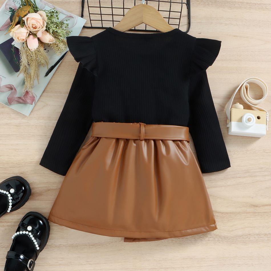 2pcs Toddler Girl Trendy Ruffled Ribed Tee and Belted PU Skirt Set Black big image 3