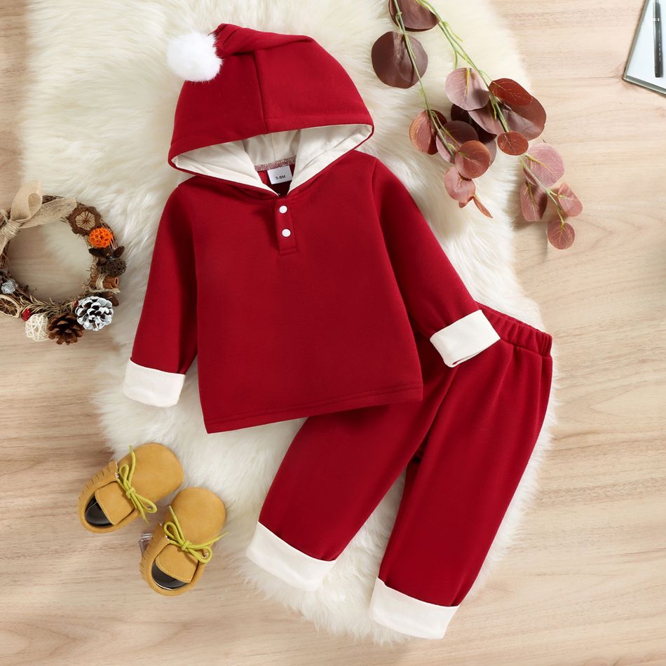 Christmas 2pcs Baby Boy/Girl Thickened Red Long-sleeve Hoodie and Sweatpants Set Red big image 1