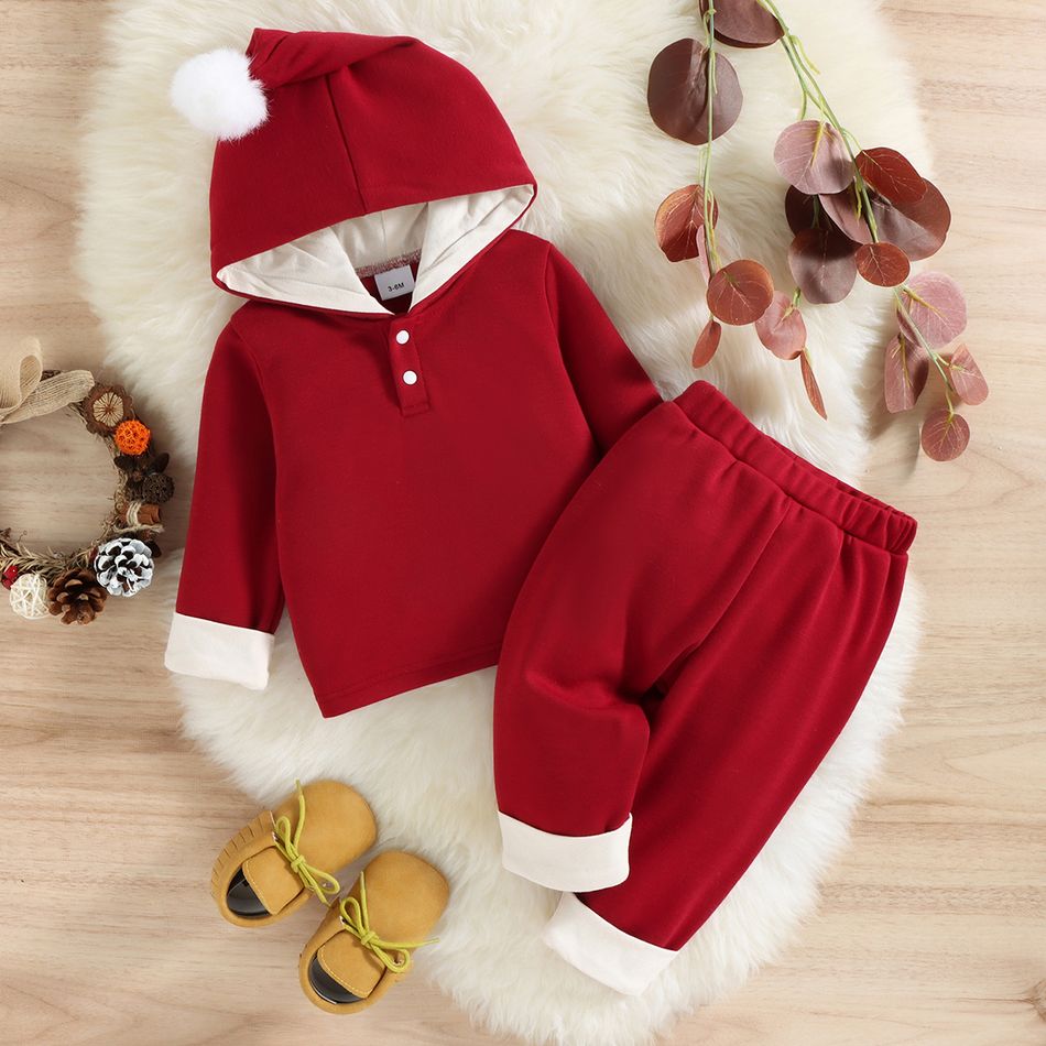 Christmas 2pcs Baby Boy/Girl Thickened Red Long-sleeve Hoodie and Sweatpants Set Red big image 3