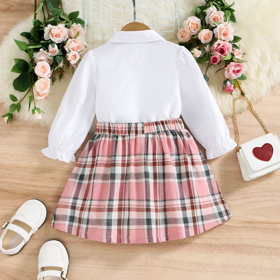 قطعتان من ملابس الفتيات الصغيرات بتصميم preppy على شكل بونوت قميص أبيض ومجموعة تنورة منقوشة زهري big image 7