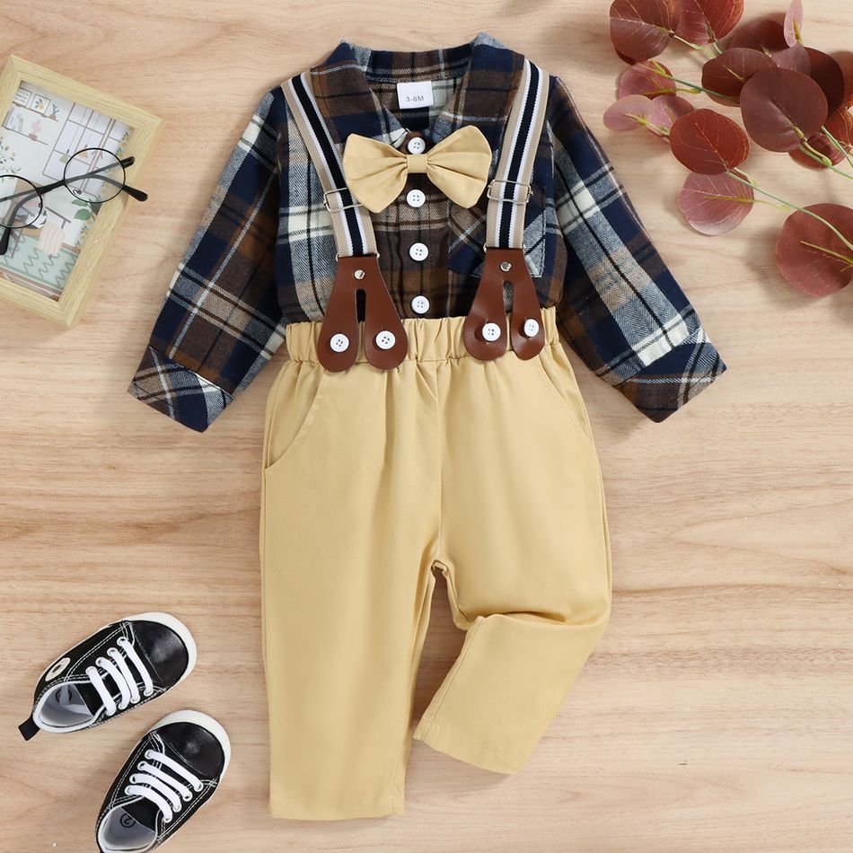 2pcs Baby Boy Gentleman Party Outfits 100% Cotton Solid Suspender Pants and Long-sleeve Plaid Shirt Set Khaki