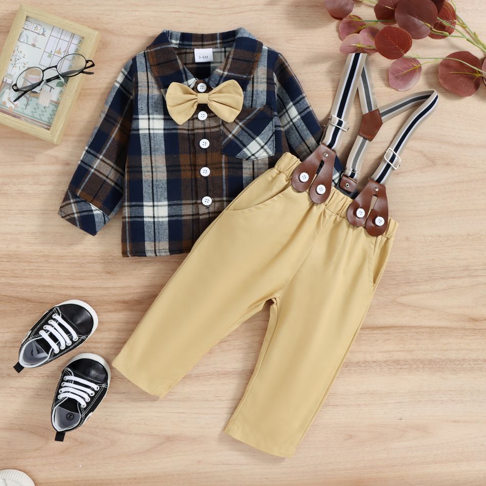 2pcs Baby Boy Gentleman Party Outfits 100% Cotton Solid Suspender Pants and Long-sleeve Plaid Shirt Set Khaki big image 3