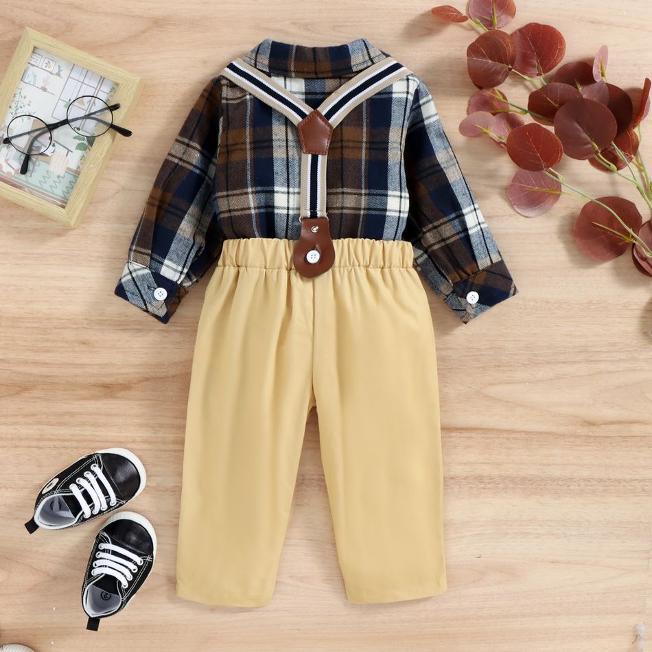 2pcs Baby Boy Gentleman Party Outfits 100% Cotton Solid Suspender Pants and Long-sleeve Plaid Shirt Set Khaki big image 2